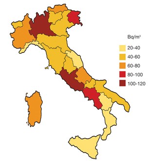 Concentrazione in aria del radon nelle diverse regioni italiane: fonte Istituto Superiore di Sanità